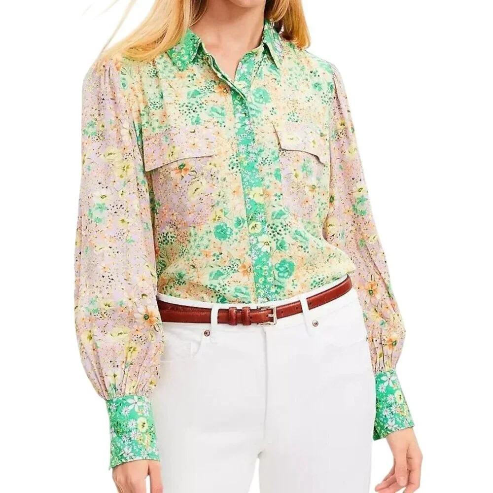 Loft Floral Patchwork Print Blouse Puff Sleeves Cottagecore Office Womens XS NWT
